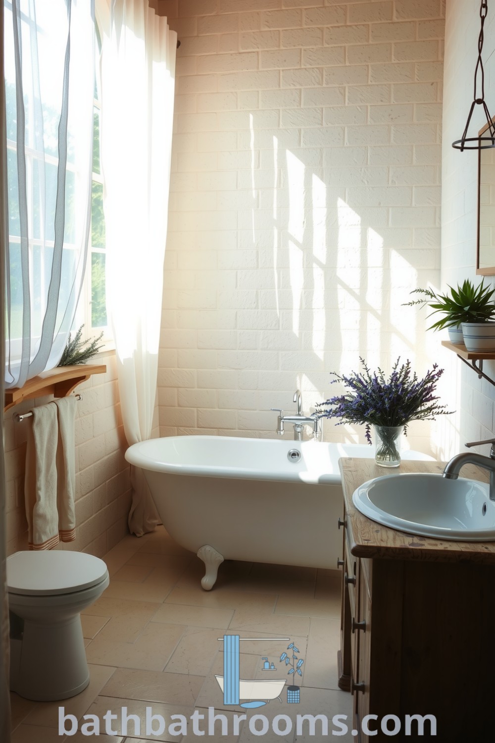 Charming Provence bathroom with sunlight streaming through gauzy curtains, a freestanding bathtub, rustic wooden shelving with herbs, and an elegant wooden vanity. Discover inspiring decor ideas for your home at bathbathrooms.com.