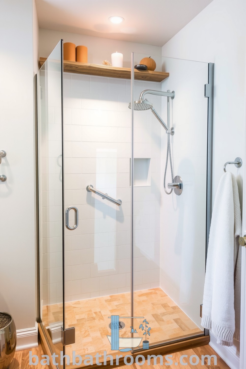 Cozy bathroom featuring a frameless glass shower, warm sandy tiles, a rustic wooden shelf with candles and sponges, and plush towels, creating a serene and inviting atmosphere. Discover more decor ideas for small spaces at bathbathrooms.com.