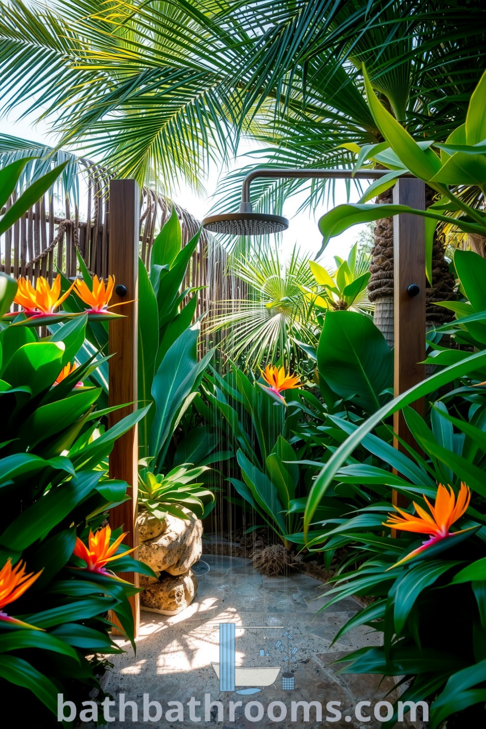 Tropical outdoor shower featuring weathered wood, natural stone, and brushed metal shower head surrounded by lush greenery and vibrant flowers, creating a serene oasis. Discover inspiring decor ideas for small spaces at bathbathrooms.com.