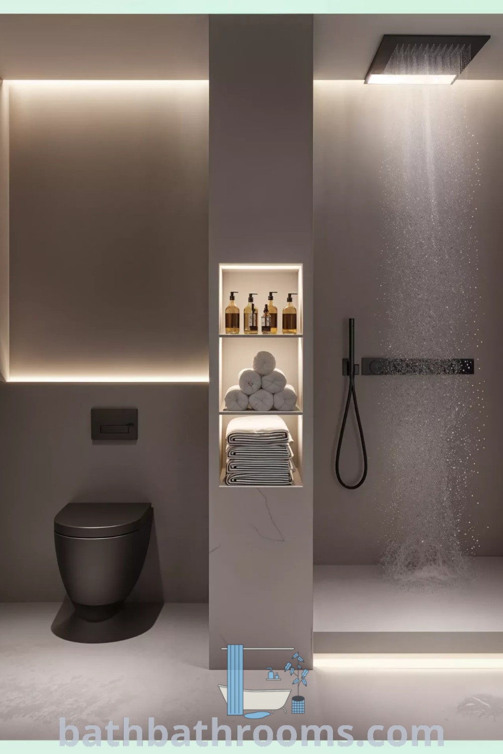 A calming minimalist bathroom design featuring clean lines and soothing colors, designed for clarity and mental well-being. The space reflects cozy decor ideas and inspirations for small spaces, embodying a cozy aesthetic. Explore more unique design ideas at bathbathrooms.com.