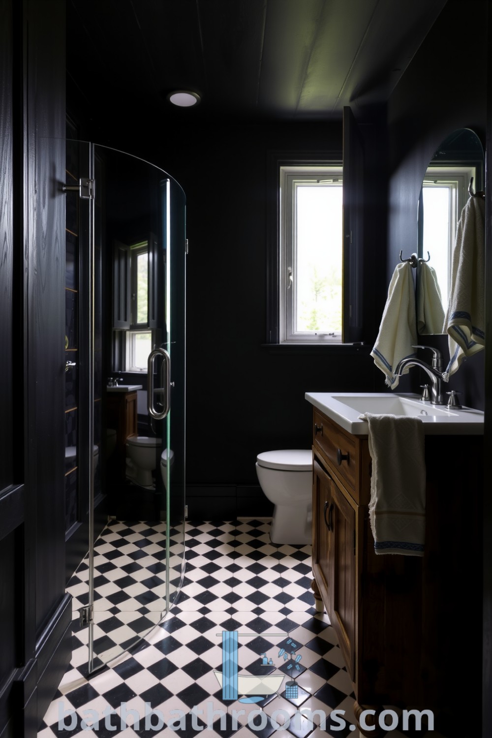 Cozy black bathroom with ebony walls, sleek frameless glass shower, contrasting black and white tiles, and a warm wooden vanity, creating an inviting atmosphere. Discover unique cozy ideas for your home at bathbathrooms.com.
