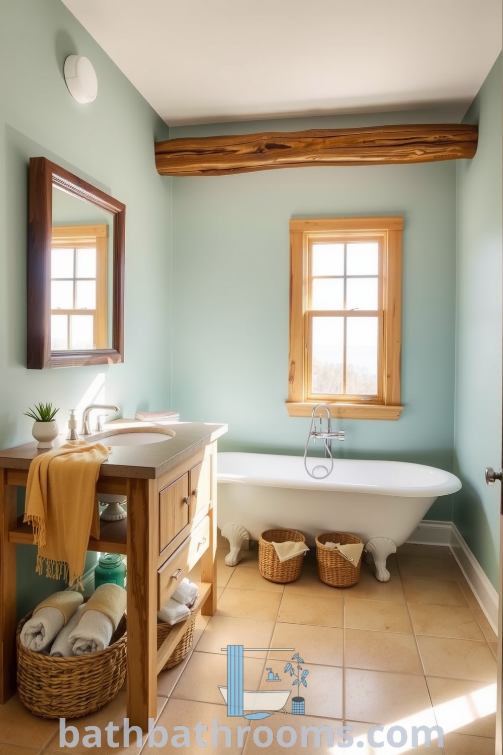 Beach-inspired bathroom featuring soft aqua walls, a weathered wooden vanity, freestanding tub, seashell decor, and natural light creating a cozy atmosphere. Discover unique decor ideas for your home at bathbathrooms.com.