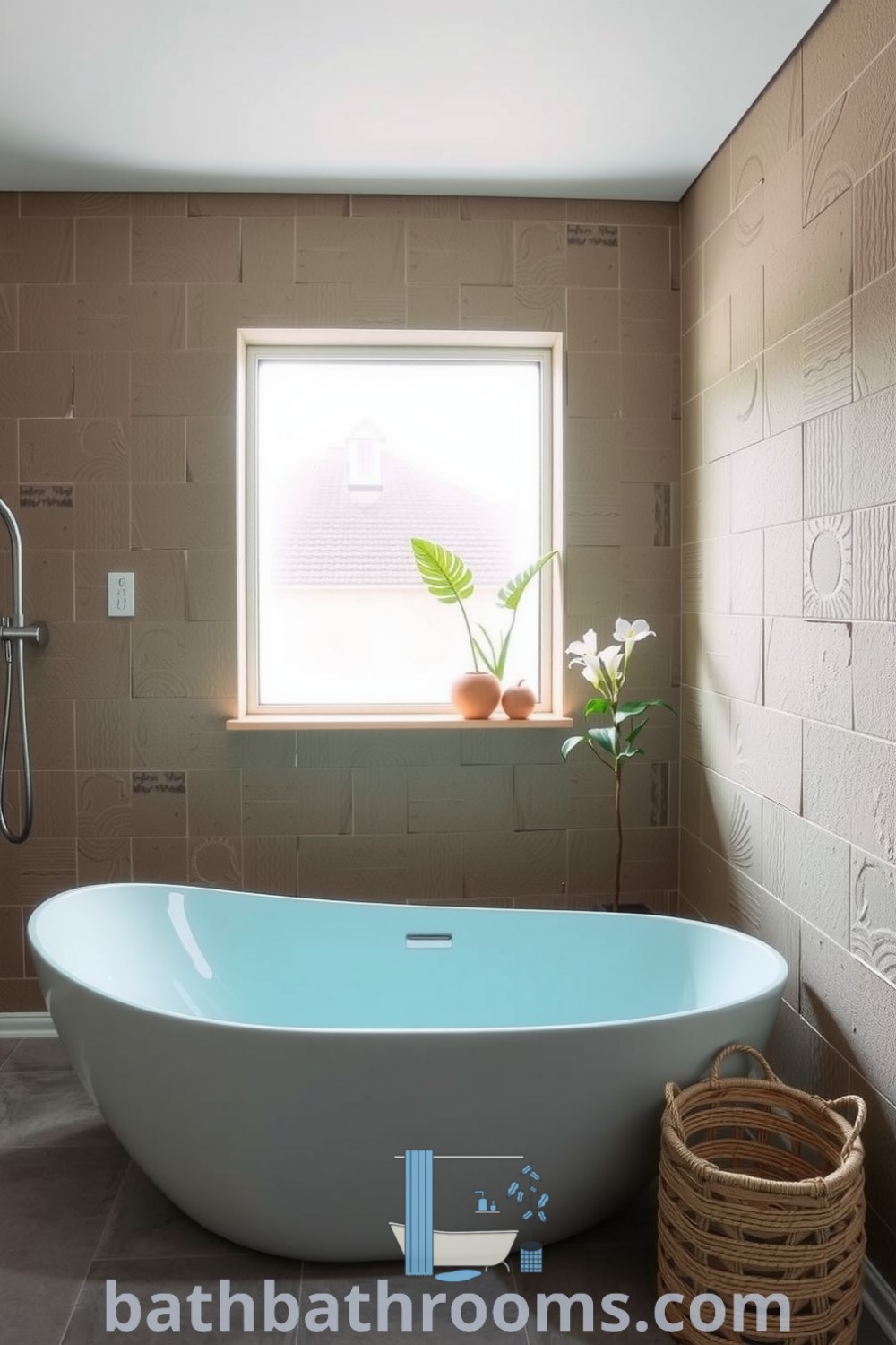 Minimalist bathroom featuring a turquoise freestanding tub, natural light from a frosted window, textured stone wall, lush green plants on a wooden shelf, and a woven basket, creating a serene and inviting atmosphere. Discover more cozy design ideas for your home at bathbathrooms.com.
