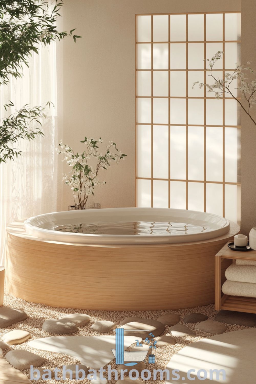 Cozy Japanese bathroom featuring a deep soaking tub, river stones, natural light from frosted glass, wooden accents, bamboo shelf with towels, and potted plants, creating a serene and inviting atmosphere. Discover inspiring decor ideas for your home at bathbathrooms.com.