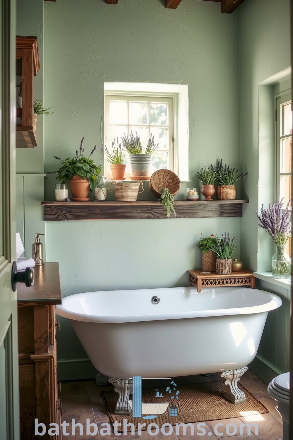 Cozy mint green Provence bathroom featuring a vintage clawfoot tub, rustic wooden shelving with potted herbs, and a weathered vanity, creating a serene and inviting atmosphere. Explore more inspiring decor ideas for your home at bathbathrooms.com.