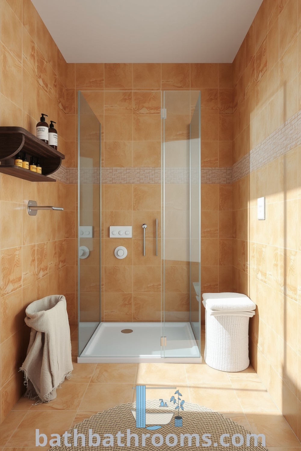 Cozy bathroom featuring a beige glass shower, warm textured tiles, a woven bath mat, and a rustic wooden shelf with toiletries, creating a serene and inviting atmosphere. Discover more decor ideas for your home at bathbathrooms.com.