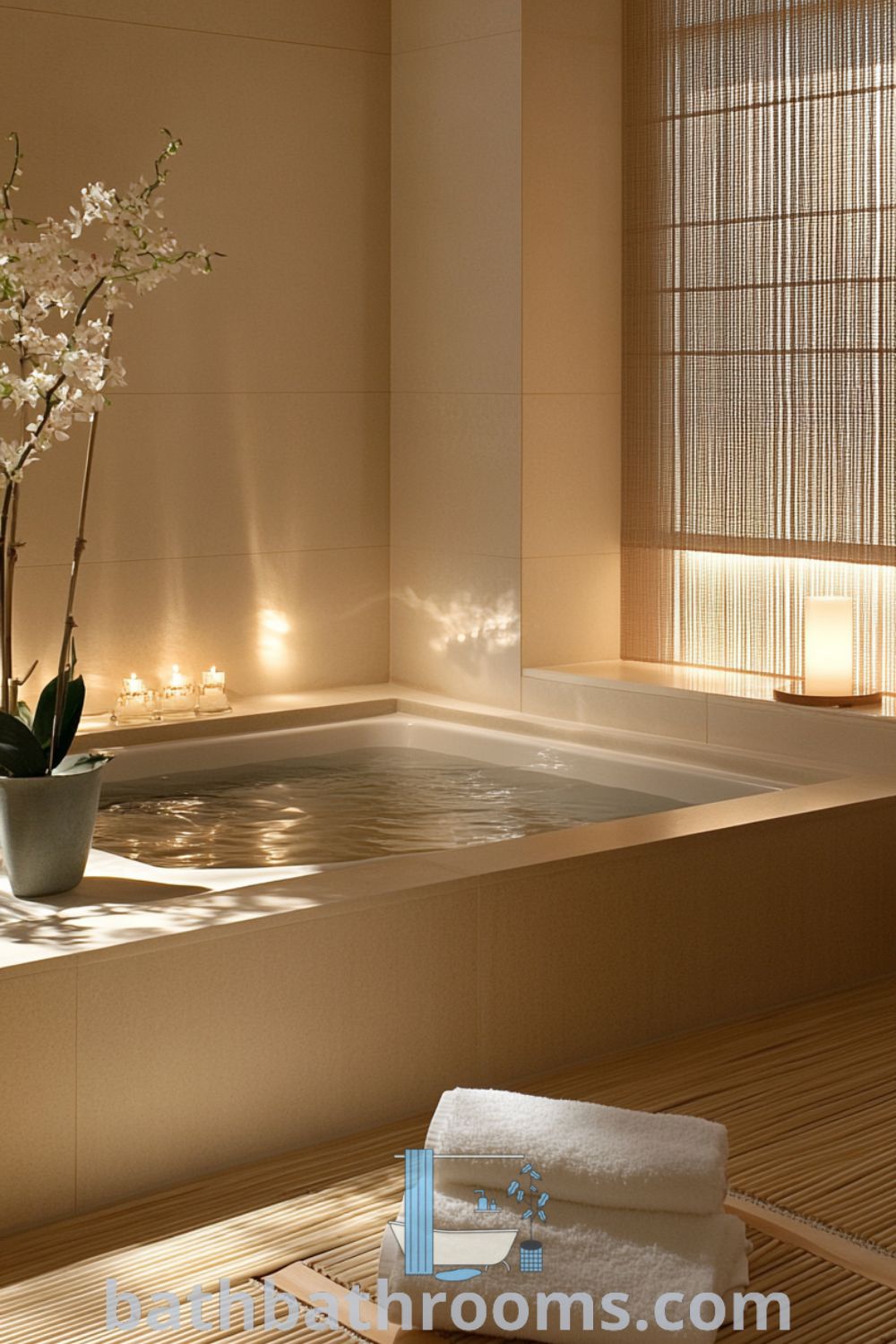 Tranquil Japanese bathroom featuring beige walls, natural wood accents, a deep soaking tub, bamboo mats, and fragrant flowers, creating a serene and cozy atmosphere. Explore more unique decor ideas at bathbathrooms.com.