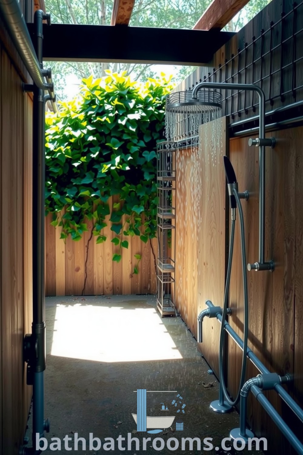 Industrial outdoor bathroom featuring a rough concrete floor, weathered metal accents, exposed piping, and a rustic wooden privacy screen, creating a cozy yet inviting atmosphere. Discover more unique decor ideas for your home at bathbathrooms.com.