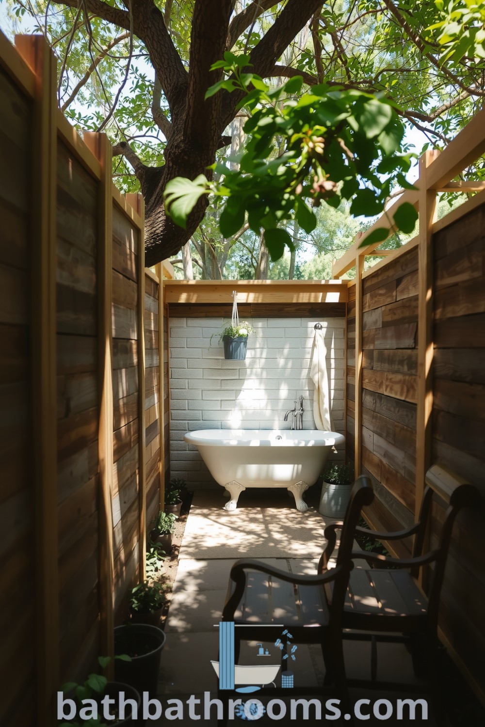 Rustic outdoor bathroom featuring weathered wooden panels, a clawfoot tub under trees, a stone pathway, potted herbs, and a wooden chair for relaxation, combining nature with cozy aesthetics. Explore inspiring decor ideas for your home at bathbathrooms.com.