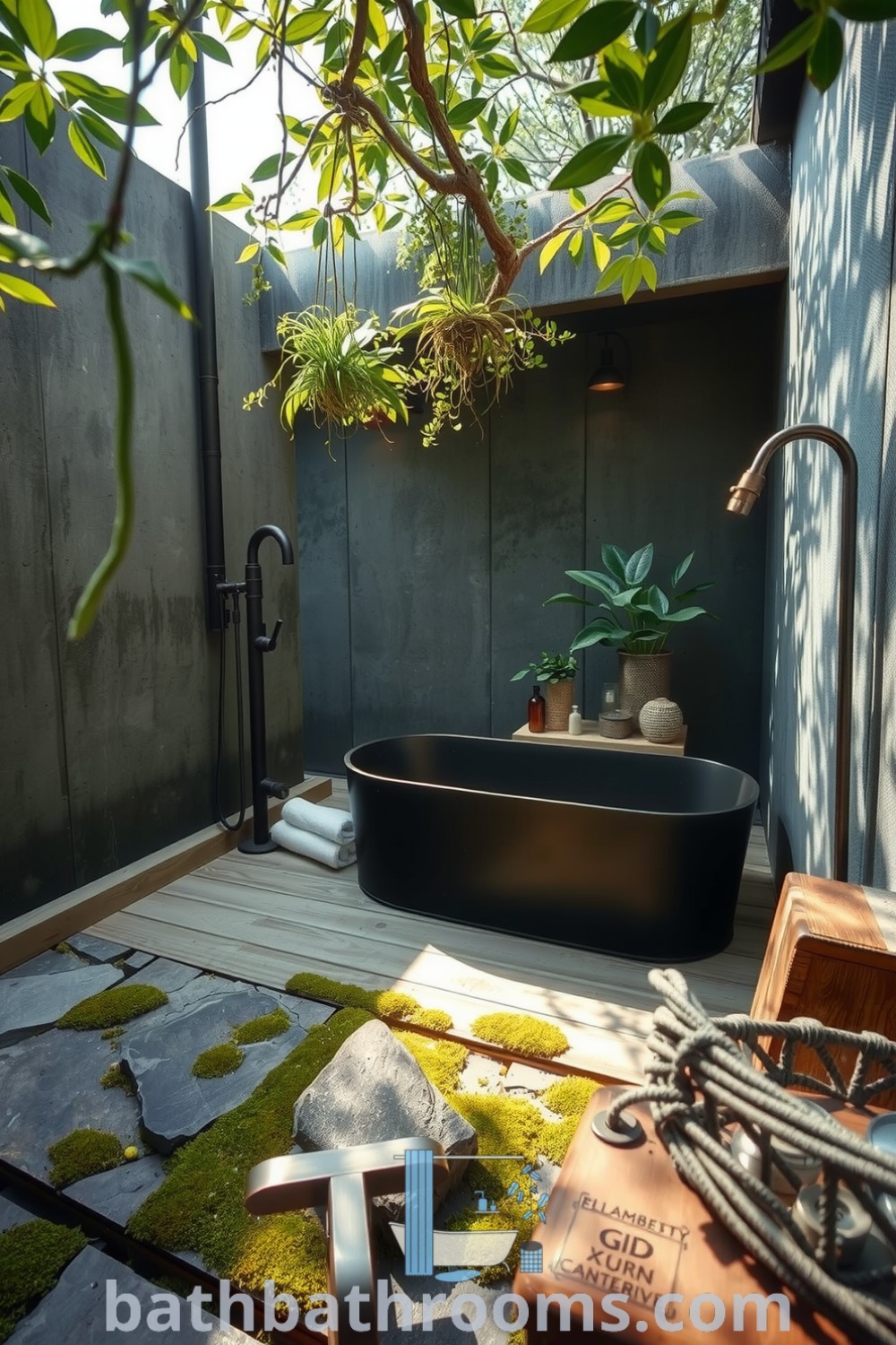 Industrial outdoor bathroom with concrete walls, rusted metal fixtures, a deep soaking tub on a wooden deck, and hanging plants, creating a tranquil and cozy aesthetic. Discover unique decor ideas for your home at bathbathrooms.com.