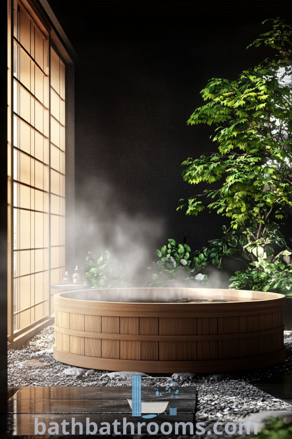 Spacious Japanese bathroom with a large wooden soaking tub, soothing black hues, shoji screens, hanging plants, and a tranquil atmosphere, providing cozy decor ideas for your home. Explore design ideas at bathbathrooms.com.