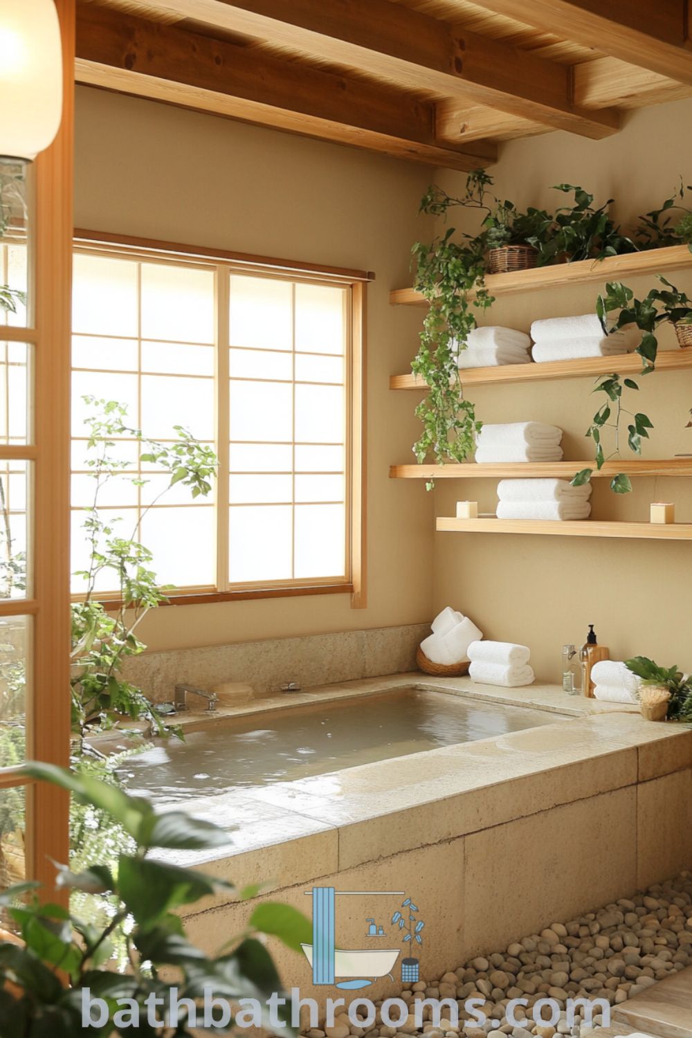 Cozy Japanese bathroom with natural light, wooden beams, stone floors, soaking tub surrounded by river stones, and potted greenery, creating a tranquil atmosphere. Discover more inspiring decor ideas at bathbathrooms.com.