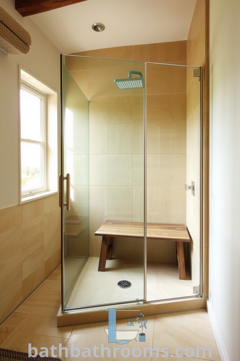 Cozy bathroom corner showcasing a frameless glass shower, warm beige tiles, textured stone wall, and a weathered wooden bench, blending minimalism with organic elements. Discover more cozy ideas at bathbathrooms.com.
