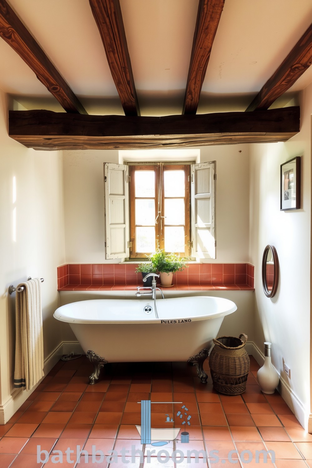 Cozy Provence bathroom featuring creamy walls, rustic wooden beams, a vintage freestanding tub, and potted herbs, creating a tranquil and inviting atmosphere. Discover inspiring decor ideas and design tips for your home at bathbathrooms.com.