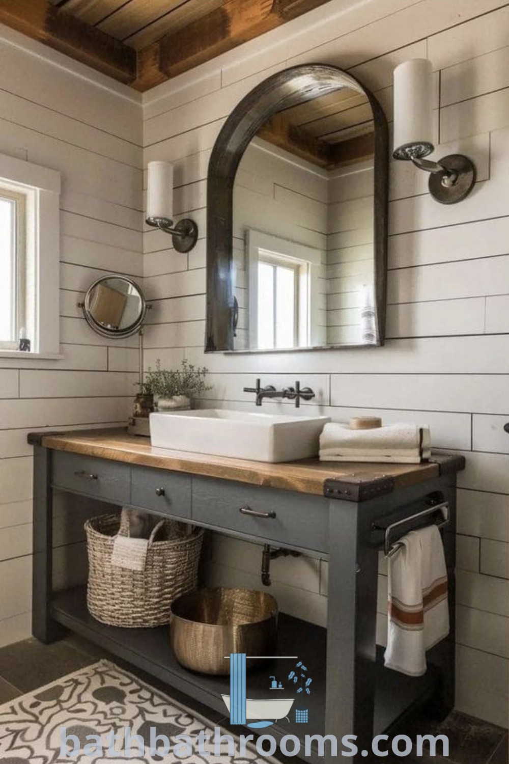 A charming country bathroom showcasing a sink, mirror, and rug, designed with rustic bathroom vanities. This cozy aesthetic highlights country cottage farmhouse beauty, offering a perfect blend of style and functionality. Discover more decor ideas at bathbathrooms.com.