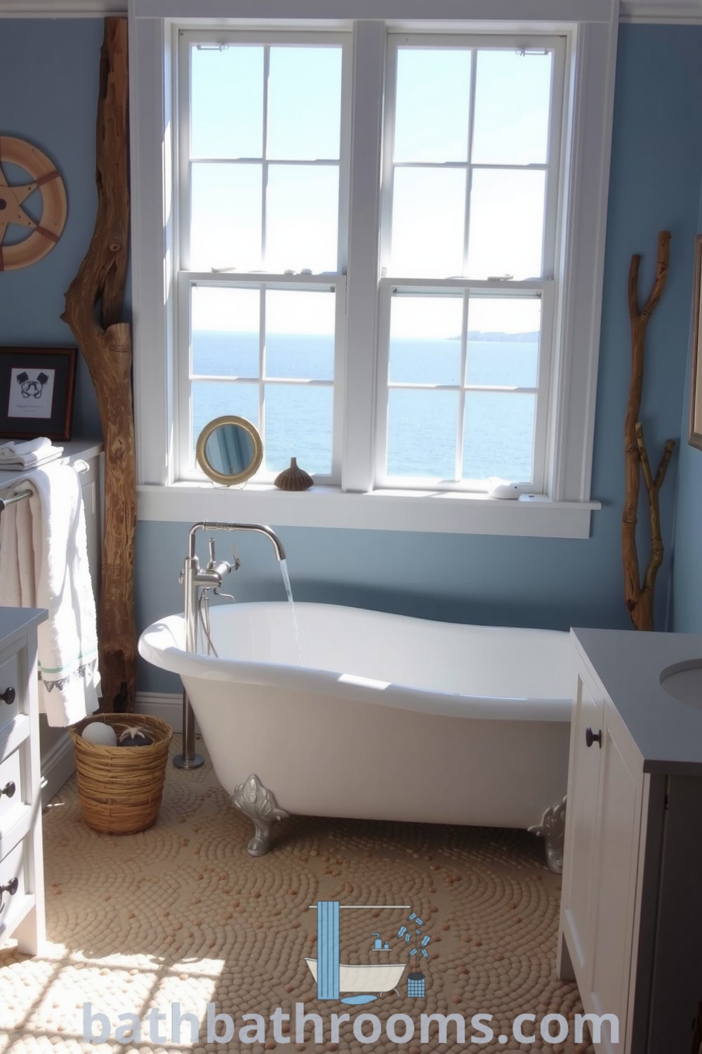 Nautical style bathroom featuring soft blue and sandy beige colors, weathered wood accents, a freestanding white bathtub, seashells, and nautical trinkets, evoking a serene coastal atmosphere. Discover more inspiring decor ideas for your home at bathbathrooms.com.
