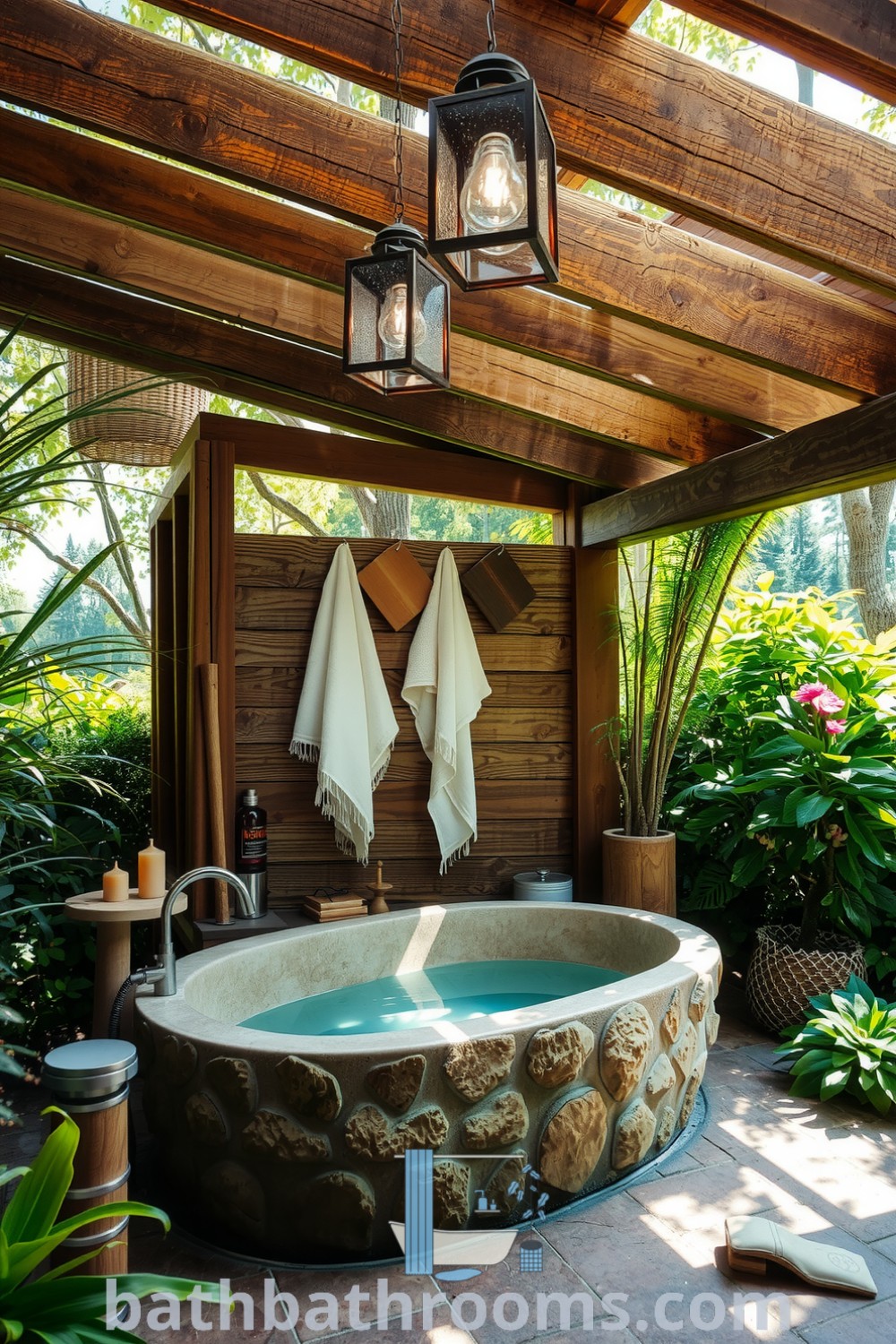Cozy outdoor spa featuring a rustic wooden canopy, river stone soaking tub, soft towels, and lush greenery, creating a serene and inviting atmosphere for relaxation. Discover unique cozy home ideas at bathbathrooms.com.