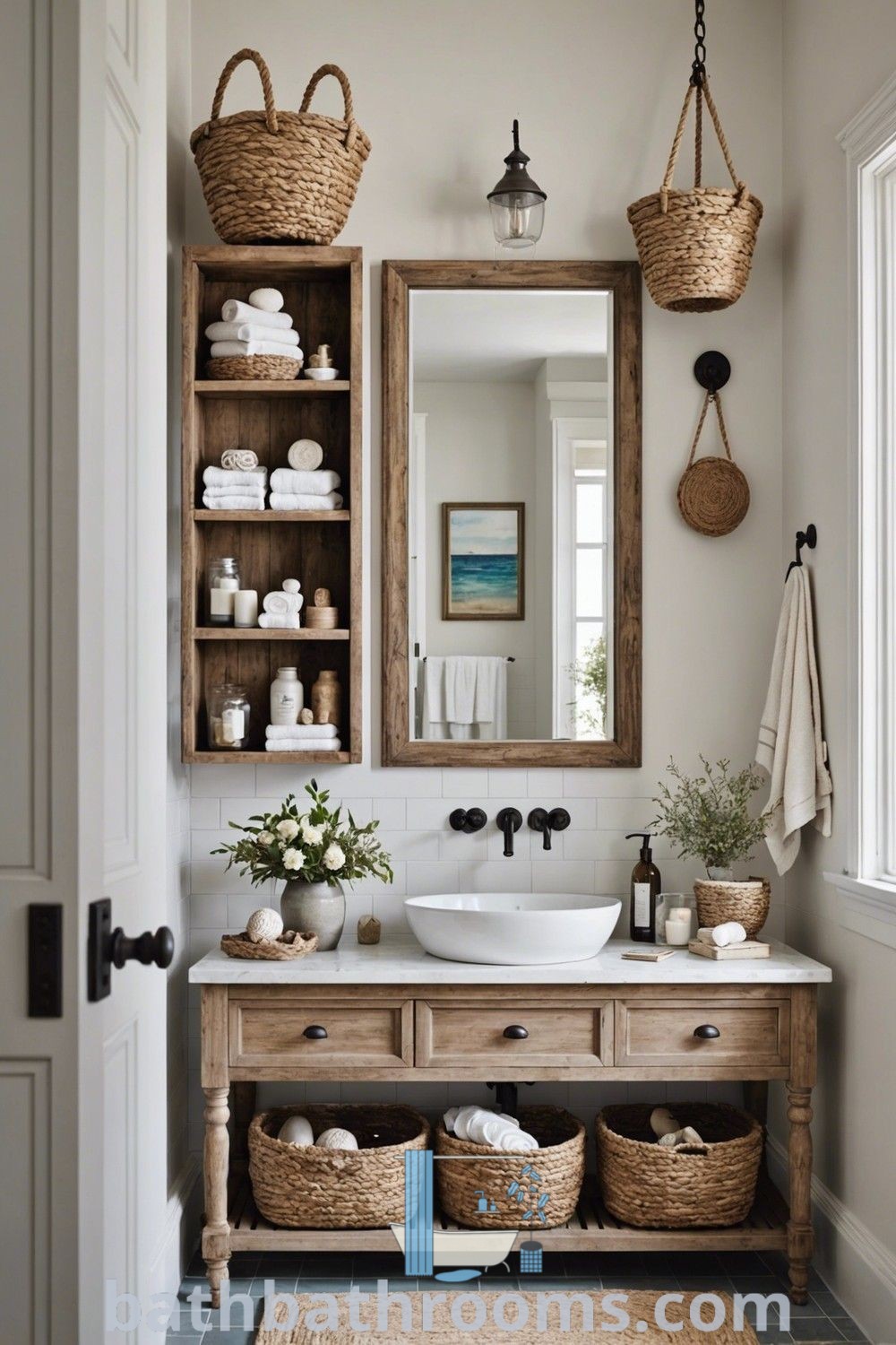 A cozy wooden bathroom featuring a sink, mirror, and wall baskets, designed with a vintage and French farmhouse aesthetic. Explore unique ideas and inspiring decor inspirations for wooden bathroom interiors at bathbathrooms.com.
