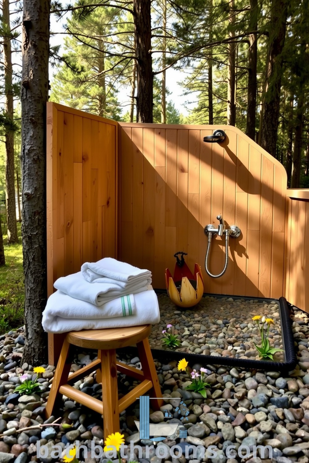 Rustic outdoor bathroom with wooden privacy screens, pebble flooring, open-air shower, and wildflowers, creating a tranquil oasis in the woods. Discover inspiring decor ideas for small spaces at bathbathrooms.com.