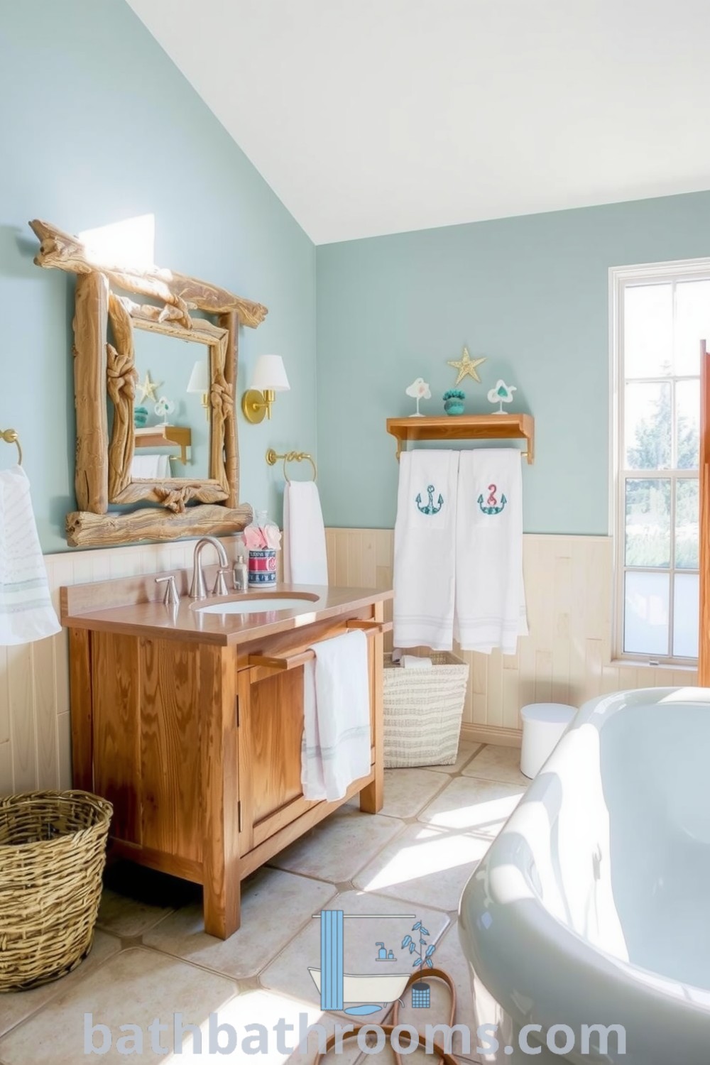 Coastal-themed bathroom featuring soothing aqua and sandy beige hues, wooden accents, stone-tiled flooring, sea glass decorations, and embroidered towels, ideal for creating a tranquil retreat. Discover inspiring decor ideas for your home at bathbathrooms.com.