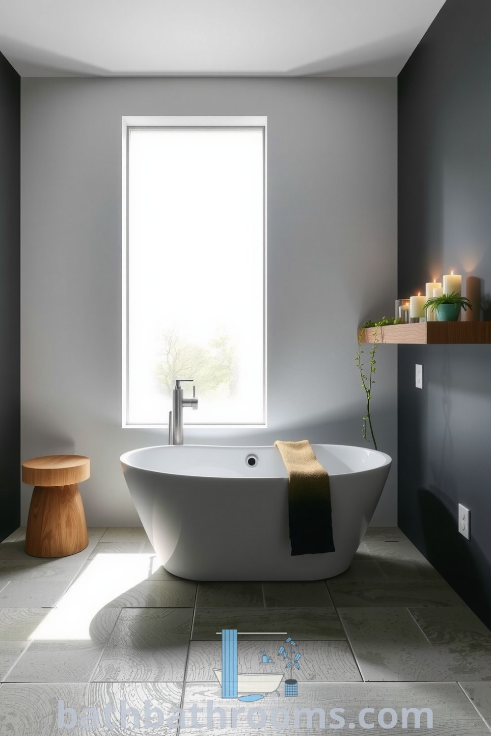 Minimalist bathroom featuring a freestanding tub, softly textured white walls, and a reclaimed wood shelf with candles and potted greenery, offering a serene and cozy aesthetic. Discover more inspiring ideas for your home at bathbathrooms.com.