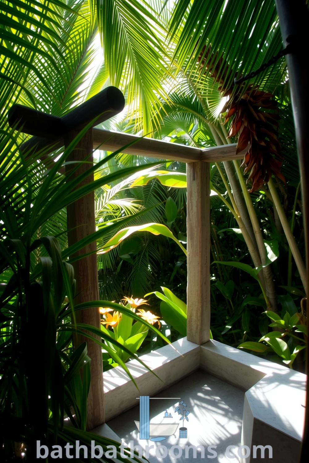 Cozy outdoor shower in a tropical garden surrounded by natural stone, wooden frame, and vibrant tropical flowers, offering a serene retreat. Discover more inspiring decor ideas at bathbathrooms.com.