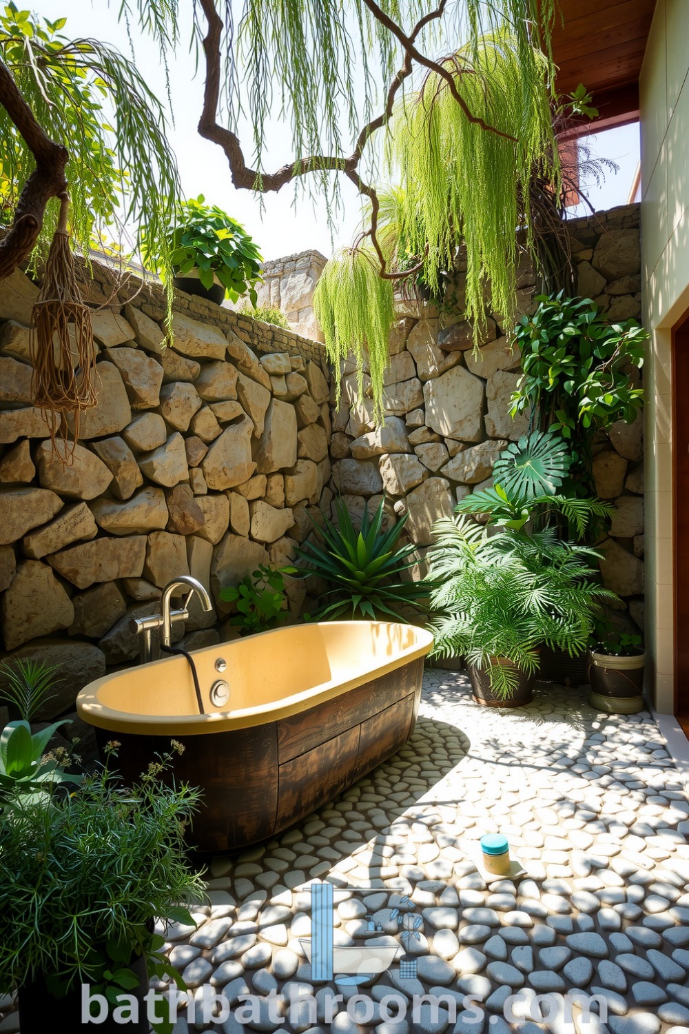 Eco-friendly outdoor bathroom featuring natural stone walls, a weathered wooden bathtub, lush greenery, and fragrant herbs, creating a serene and inspiring retreat. Discover more unique ideas for your home at bathbathrooms.com.