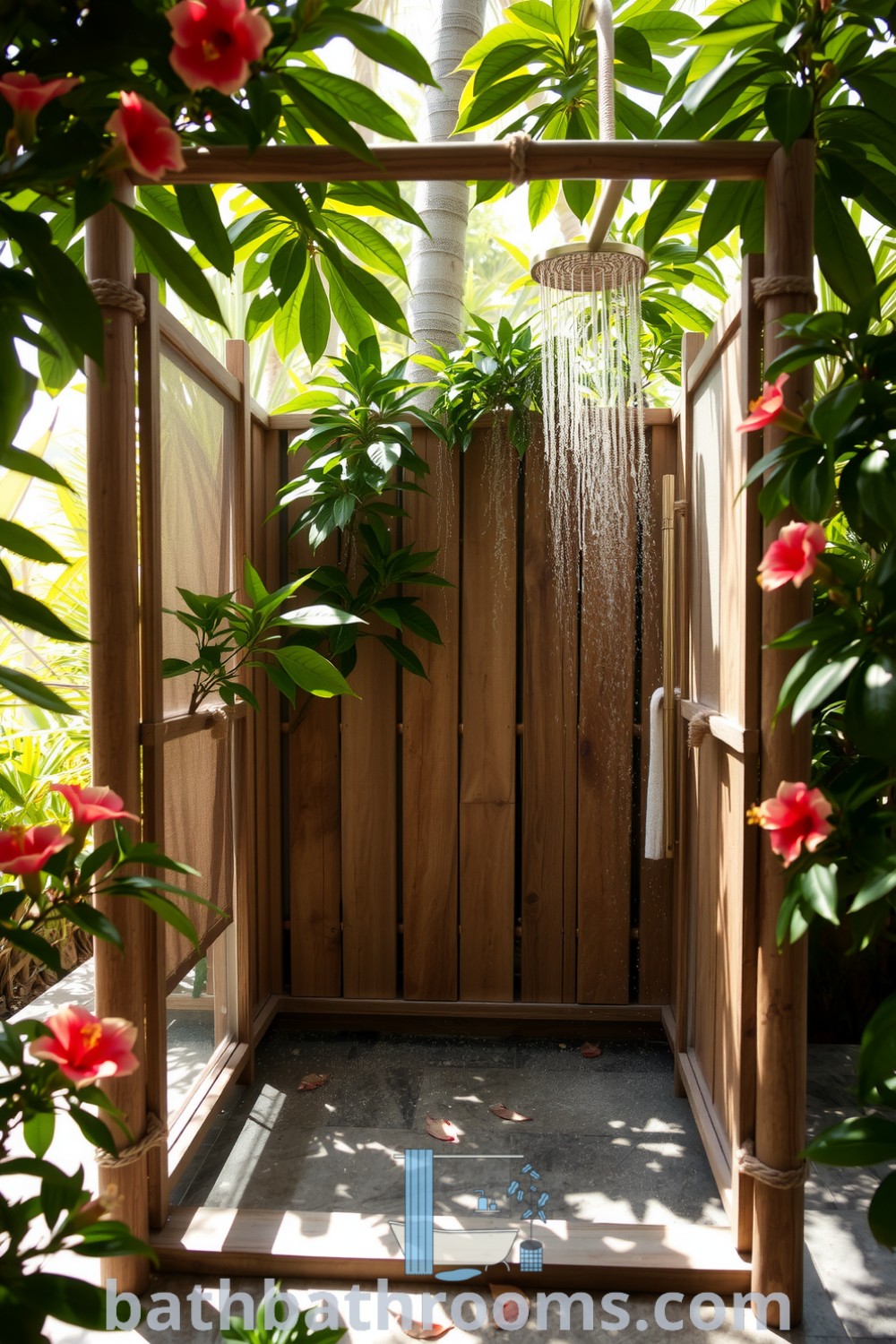 Tropical outdoor bathroom surrounded by lush greenery and hibiscus blooms, featuring a wooden shower frame with bamboo accents under soft sunlight. Discover more unique decor ideas for your home at bathbathrooms.com.