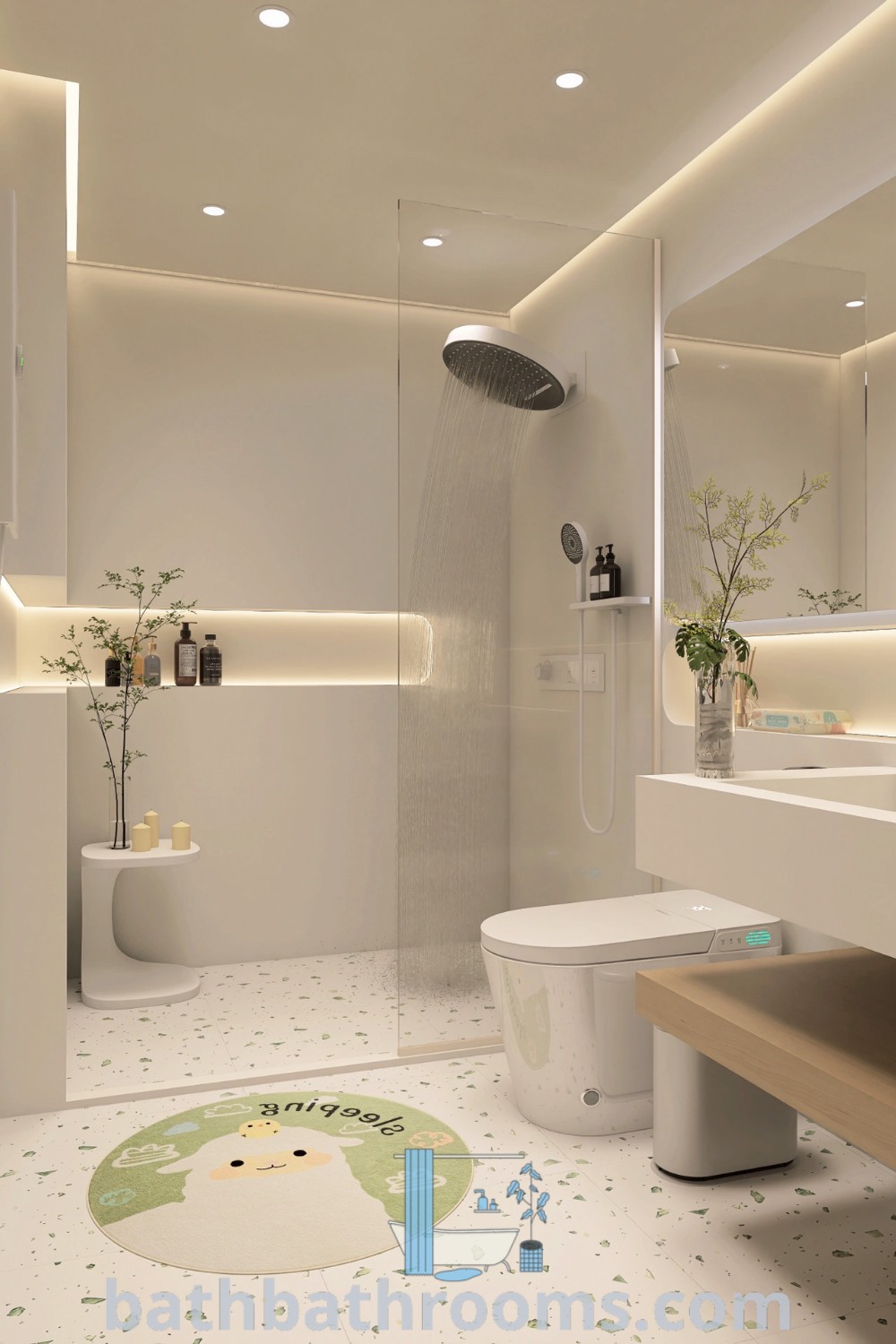 A modern clean bathroom featuring a toilet, sink, and shower, designed with minimalist aesthetics. The sleek white decor highlights simplicity and functionality for an inviting space. Explore more modern bathroom design ideas at bathbathrooms.com.