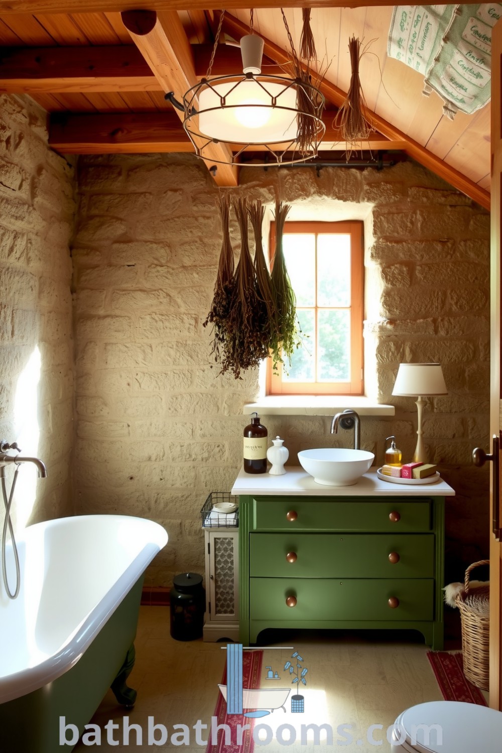 Cozy Provence bathroom featuring textured stone walls, warm wooden beams, a vintage clawfoot tub, and dried herbs, creating a relaxing and inviting atmosphere. Explore more cozy home ideas at bathbathrooms.com.