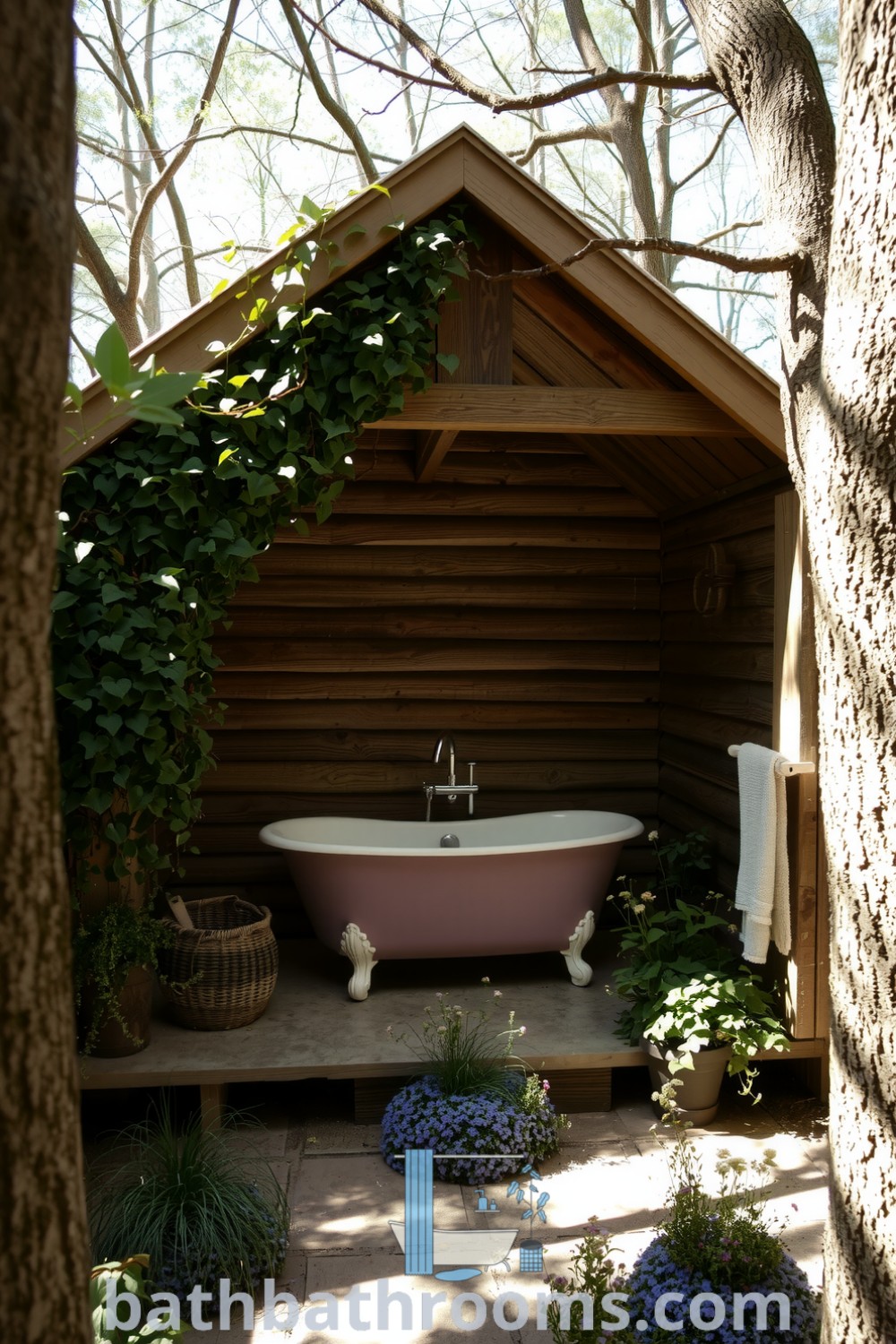 Cozy outdoor bathroom featuring weathered wooden walls, a freestanding tub under the open sky, and surrounded by potted herbs and wildflowers, creating an inviting and serene atmosphere. Discover inspiring decor ideas for your home at bathbathrooms.com.