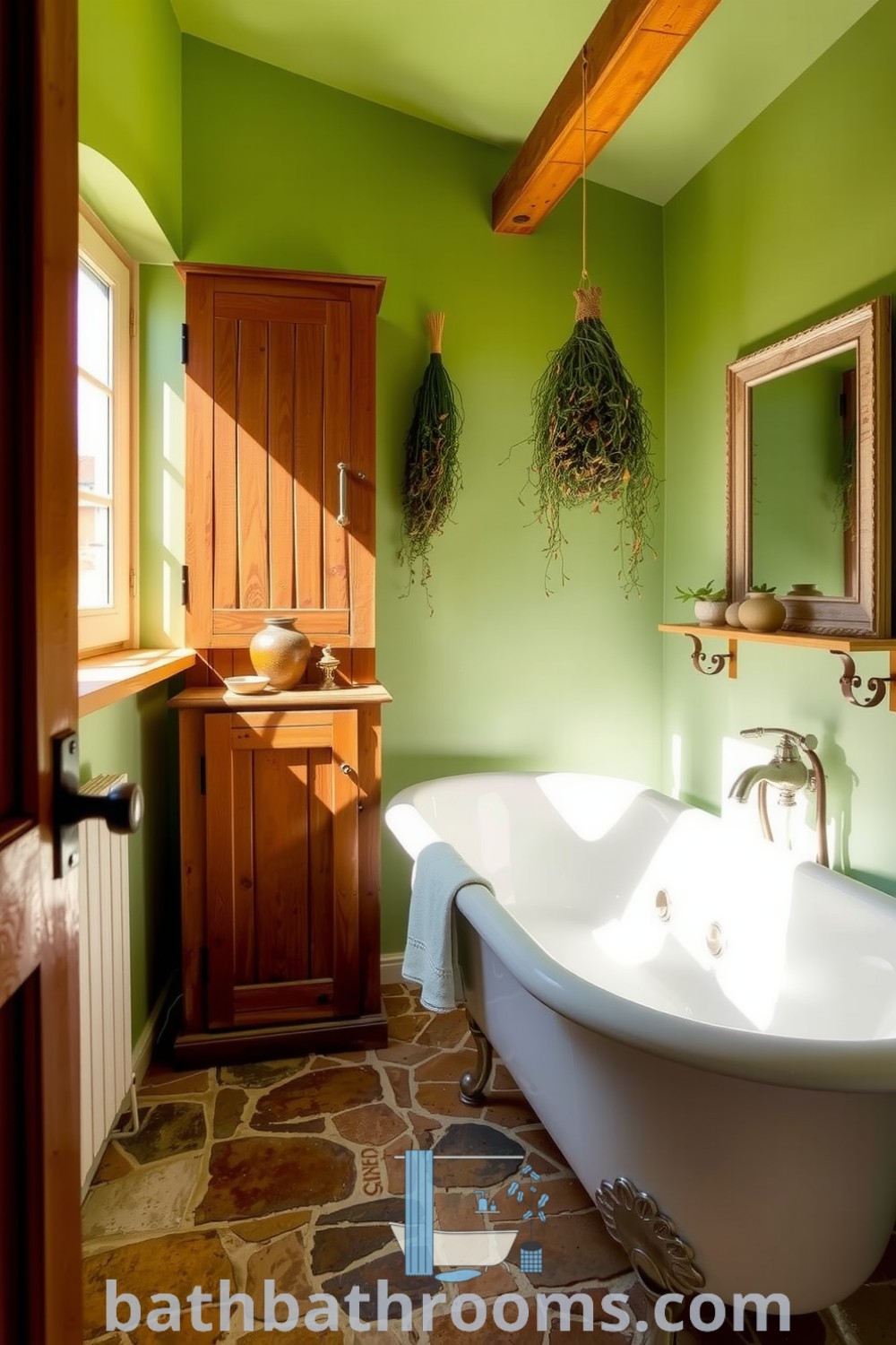 Cozy Provence bathroom featuring soft green walls, a rustic wooden cabinet, a freestanding bathtub, and handmade pottery, all creating a tranquil and inviting atmosphere. Discover more inspiring decor ideas for your home at bathbathrooms.com.