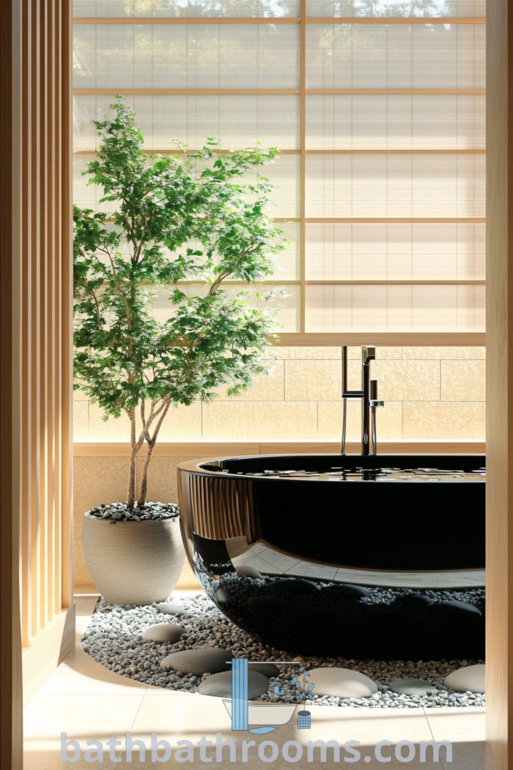 Serene Japanese bathroom featuring warm wood accents, a glossy black tub, natural light from shoji screens, stones on the floor, and potted plants, creating a tranquil atmosphere for relaxation. Discover more design tips and cozy ideas for your home at bathbathrooms.com.