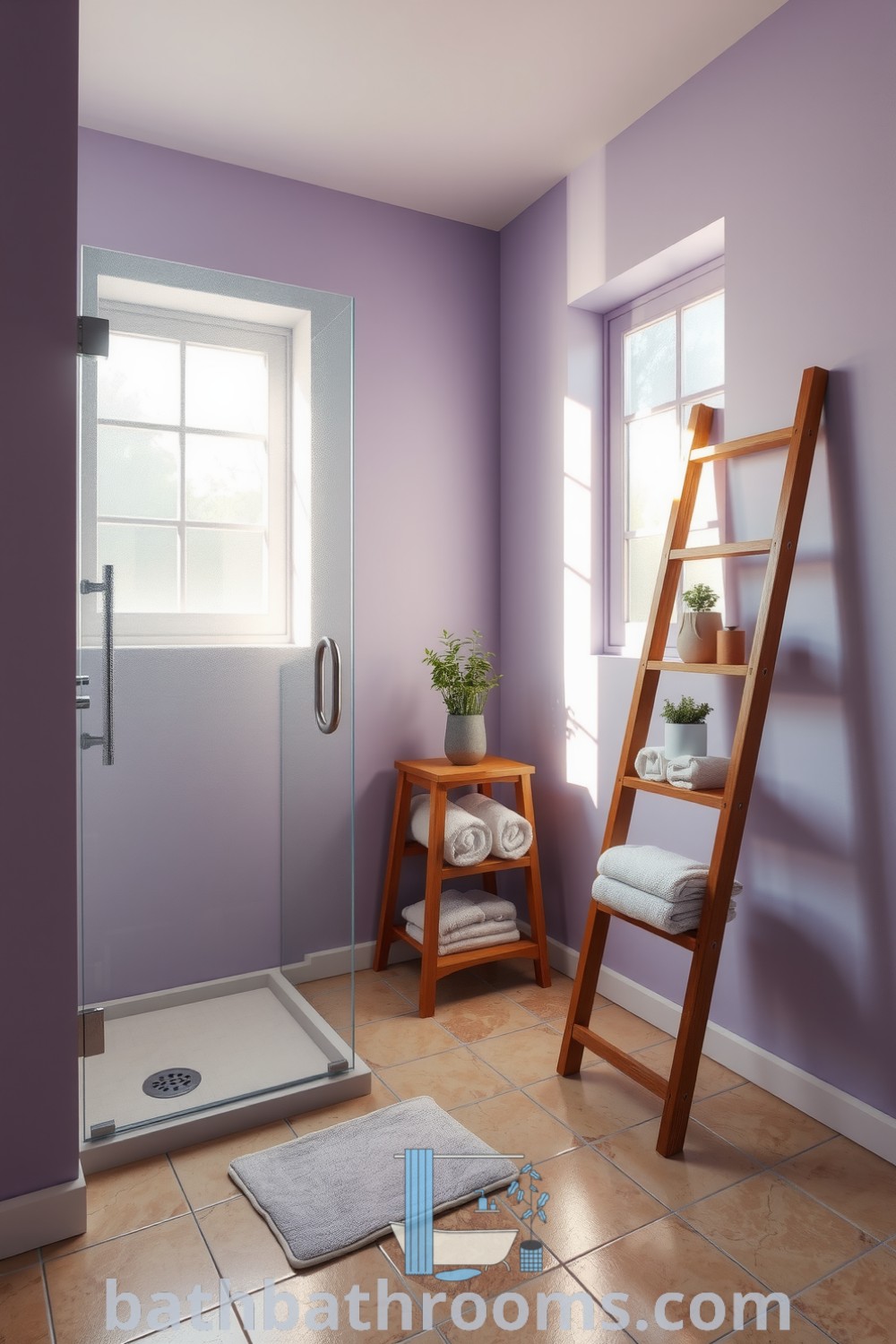 Cozy bathroom featuring a softly lit frameless glass shower, lavender walls, polished stone floor, wooden ladder shelf with towels and herbs, creating a peaceful retreat. Discover inspiring decor ideas for small spaces at bathbathrooms.com.