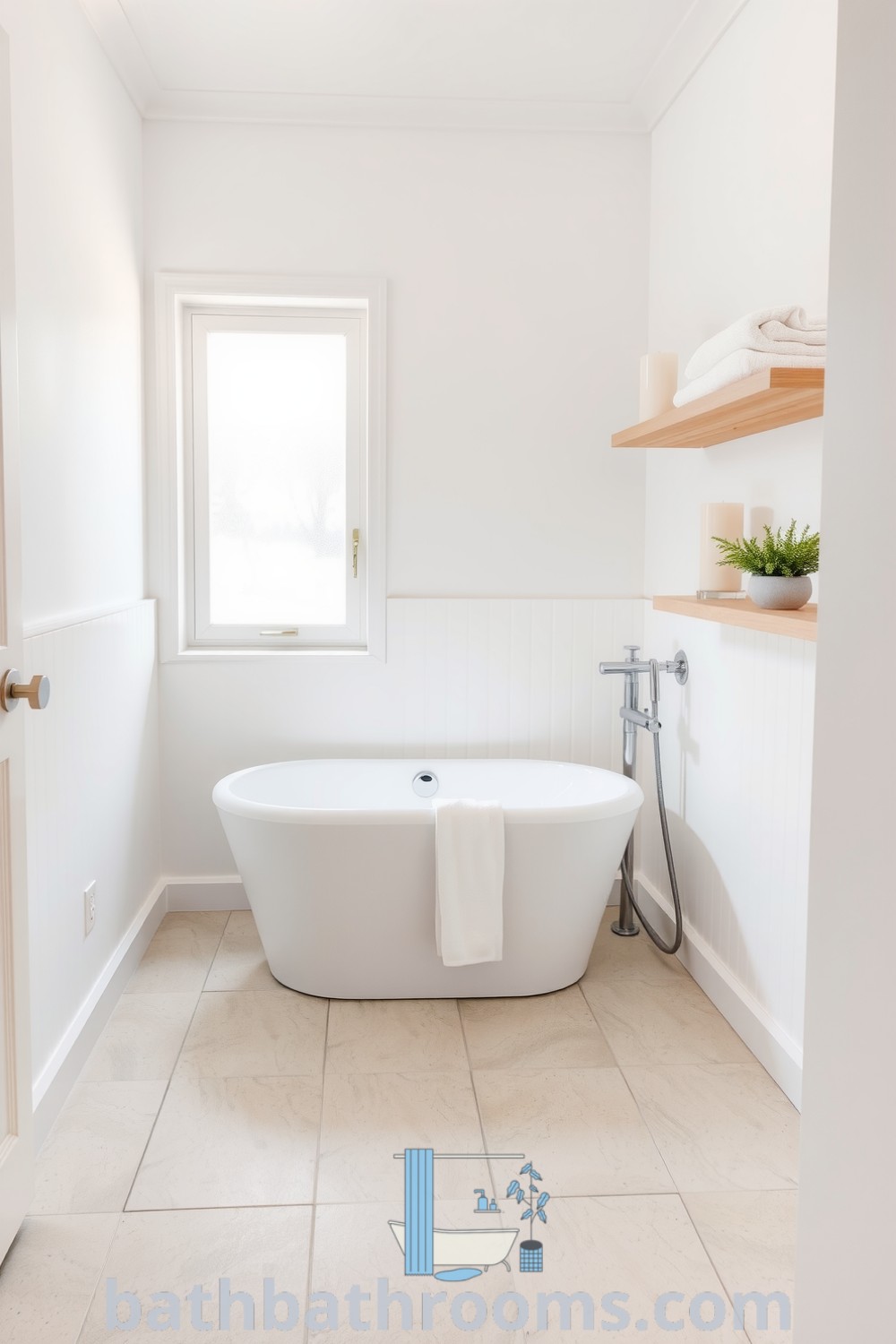 Minimalist bathroom designed with a freestanding tub, smooth white walls, natural light through a frosted window, unpolished stone tiles, wooden shelves with towels and candles, and a small potted plant. Discover cozy decor ideas for your home at bathbathrooms.com.