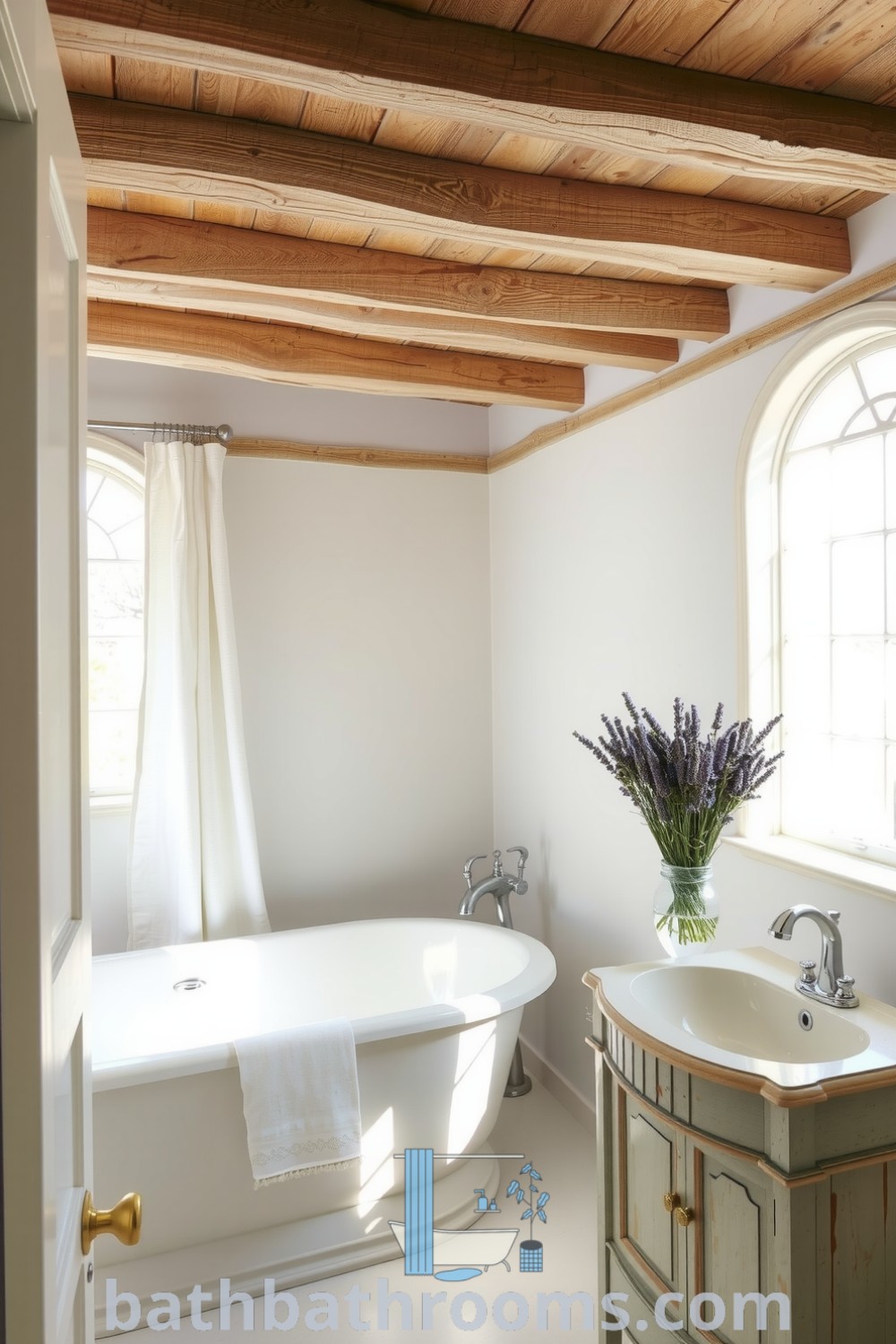 Cozy white Provence bathroom featuring a freestanding tub, weathered wooden beams, a vintage vanity with a porcelain sink, and a fresh lavender vase, creating a serene and inviting atmosphere. Discover inspiring decor ideas for your home at bathbathrooms.com.