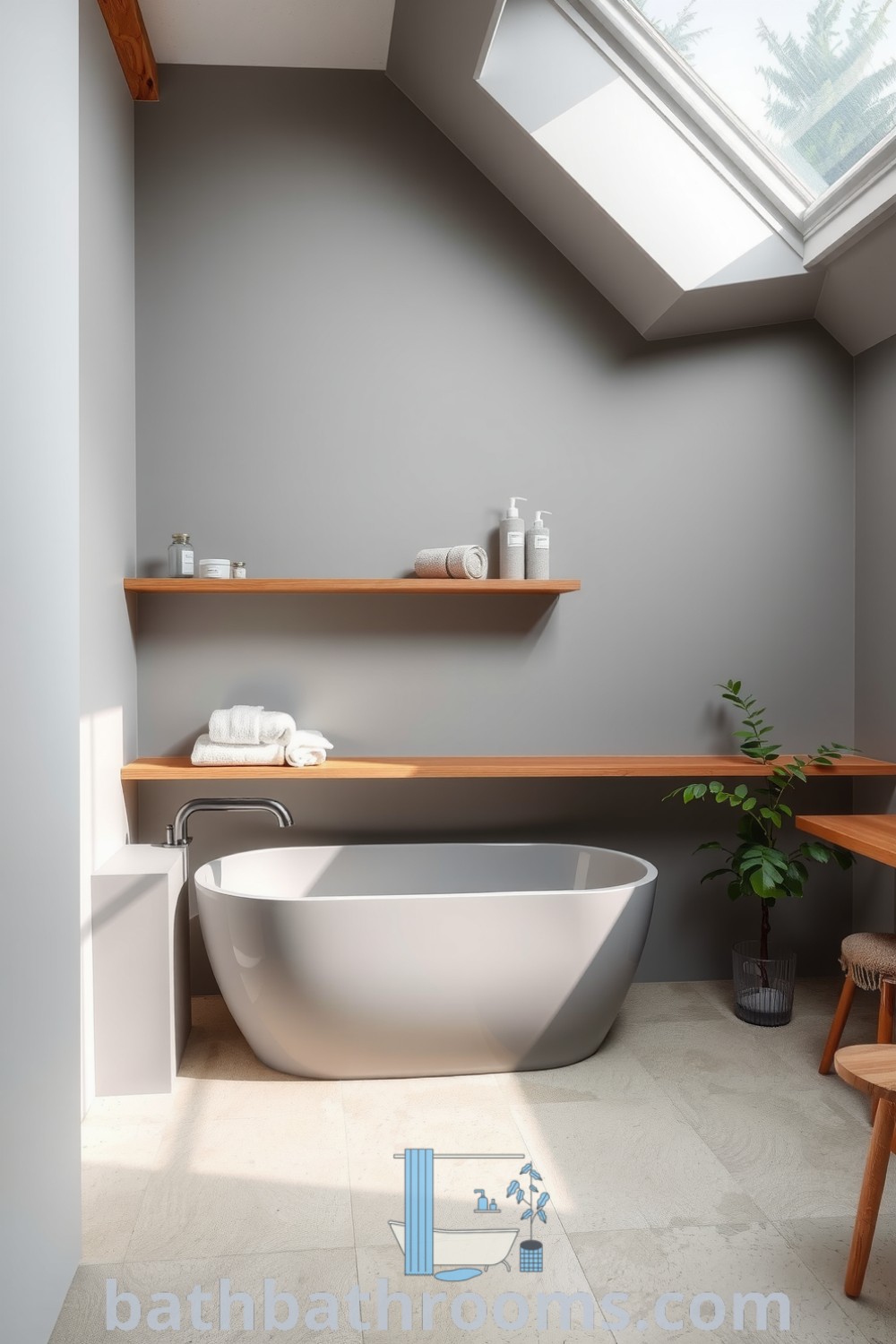Elegant minimalist bathroom with an ash-colored tub, light-grey walls, wooden shelves with towels and artisanal soaps, and a potted plant, creating a serene and inviting space. Discover inspiring cozy home ideas at bathbathrooms.com.