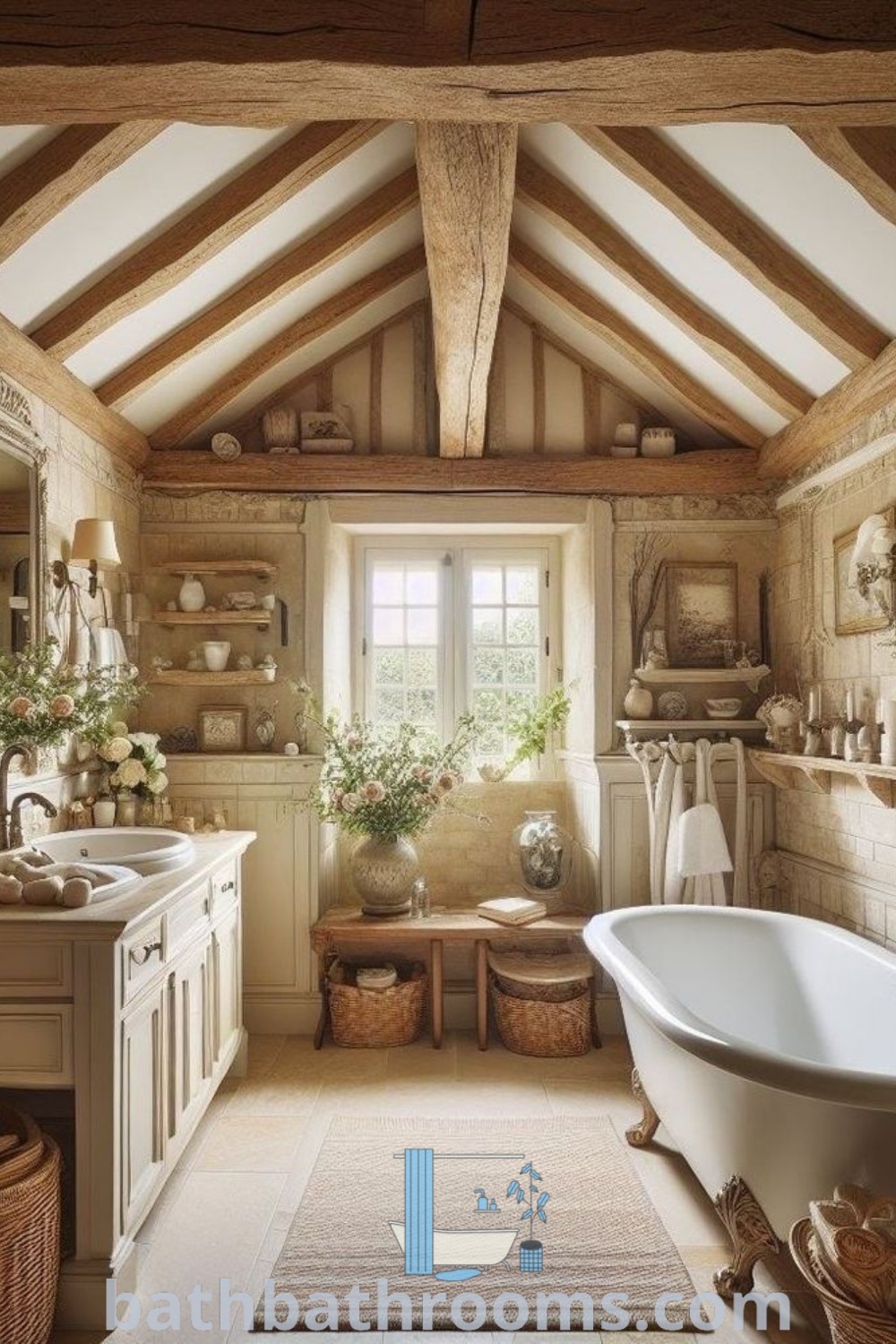 A cozy rustic bathroom with a tub, sink, and window in the center, designed in a charming cottage style. The decor emphasizes rustic Italian elements, making it an inspiring space for country French bathroom ideas. Discover more unique ideas for your home at bathbathrooms.com.