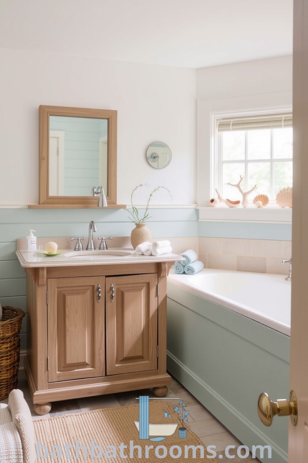 Nautical style bathroom featuring soft seafoam green and sandy beige tones, a weathered wooden vanity, seashell and driftwood decor, and a polished chrome faucet, creating a serene and inviting atmosphere. Discover more unique decor ideas for your home at bathbathrooms.com.