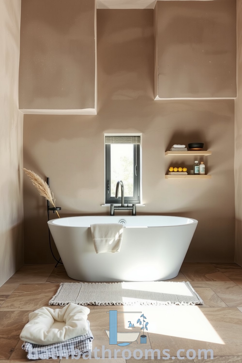 Minimalist bathroom with taupe hues, a freestanding tub, textured plaster walls, wooden shelves, and a cozy cotton mat, creating a serene atmosphere for relaxation. Discover inspiring decor ideas for small spaces at bathbathrooms.com.