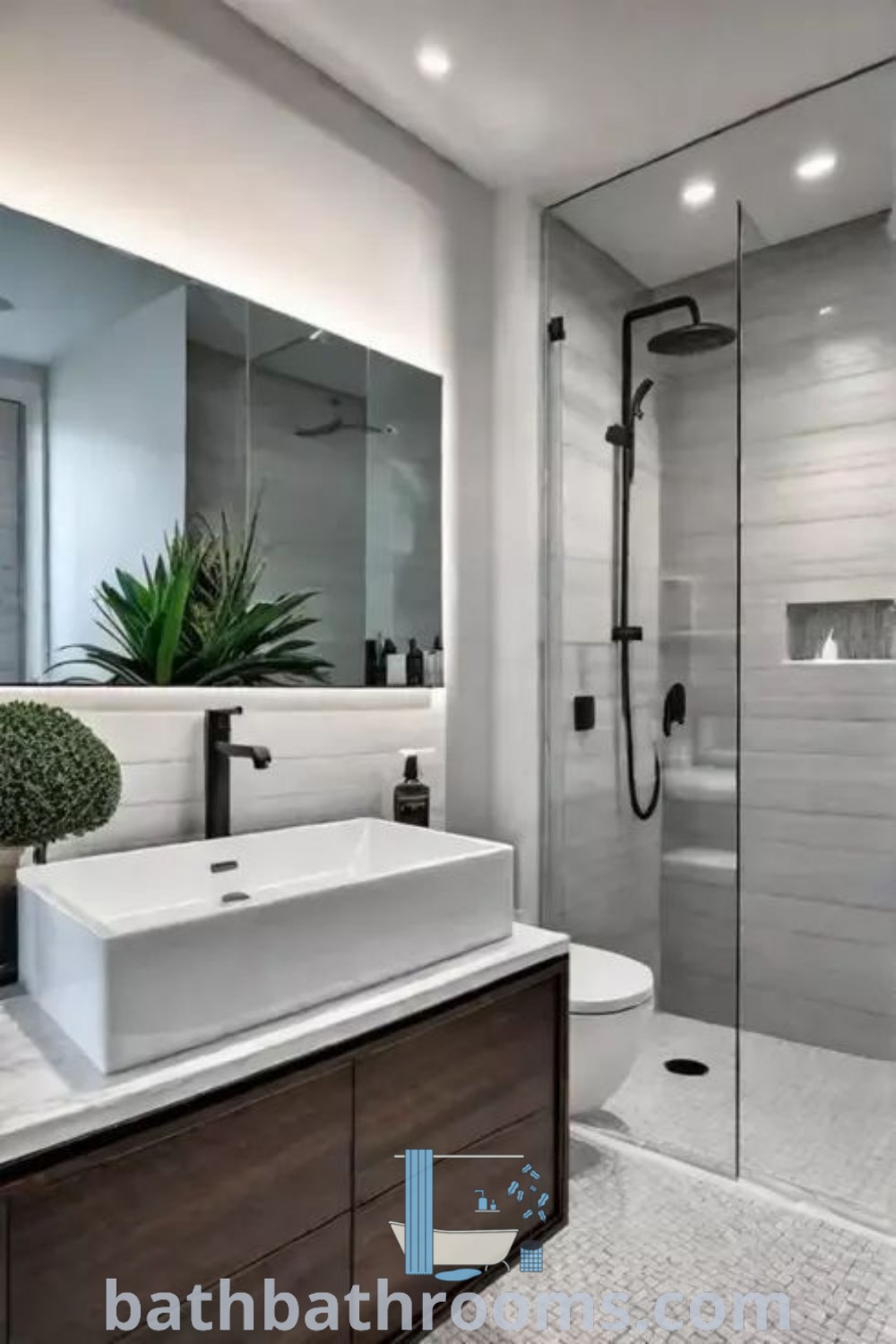 A minimalist bathroom with a sink, mirror, and shower stall in the background, enhanced by a potted plant that brings a cozy aesthetic. This space showcases small bathroom design ideas and decor inspirations perfect for maximizing style and comfort. Explore more design tips at bathbathrooms.com.