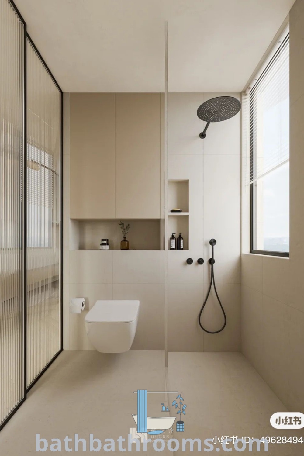 A cozy minimalist bathroom featuring a separated bathroom and toilet layout, styled with low maintenance tiles and beige accents. This modern design is ideal for small spaces, offering comfort room ideas that blend aesthetic charm with functionality. Discover decor inspirations and tips for your home at bathbathrooms.com.