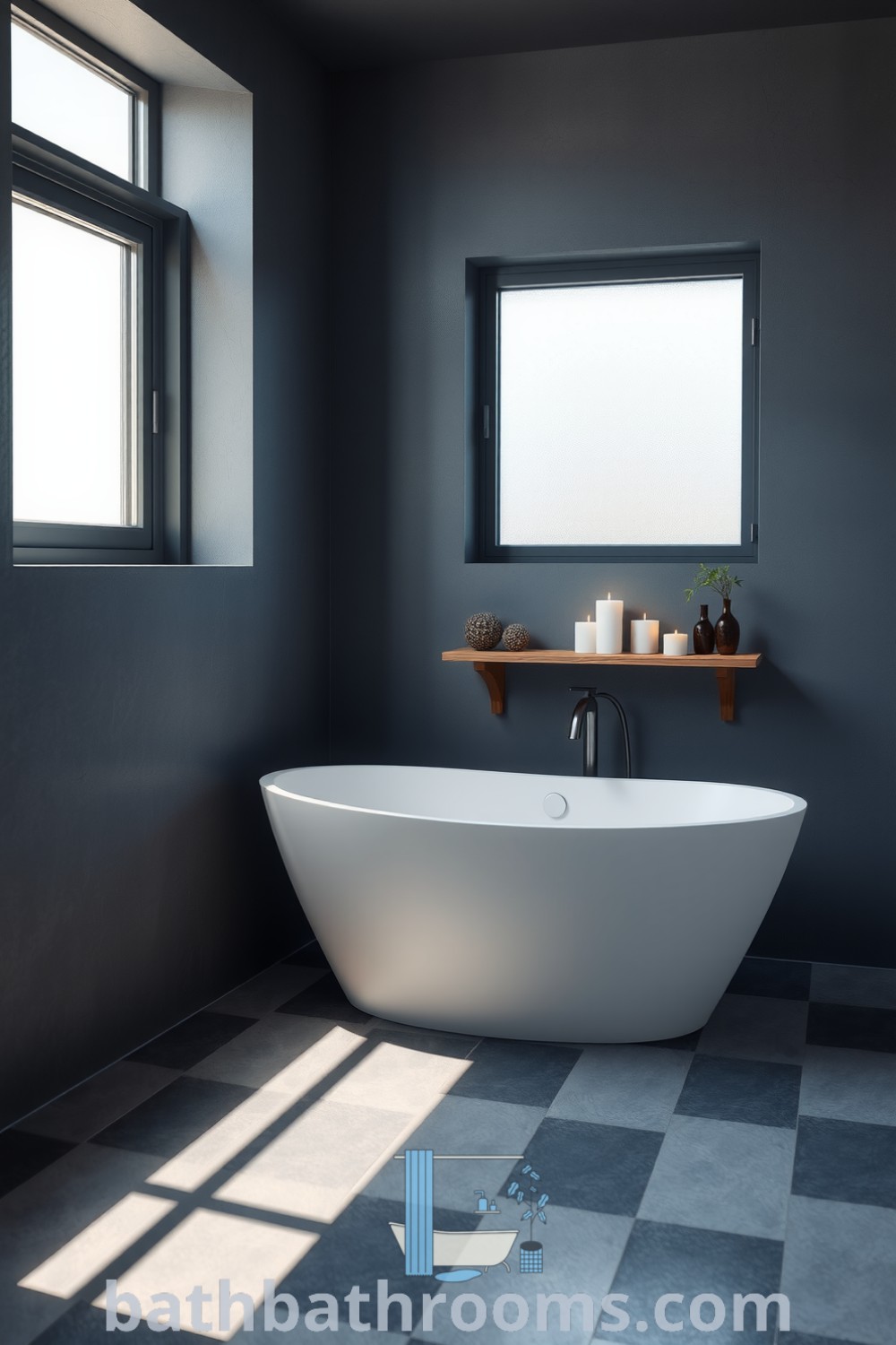 Minimalist bathroom featuring a sleek freestanding tub, textured graphite walls, natural light from a frosted window, and a wooden shelf with candles, creating a serene and cozy ambiance. Discover inspiring decor ideas for your home at bathbathrooms.com.