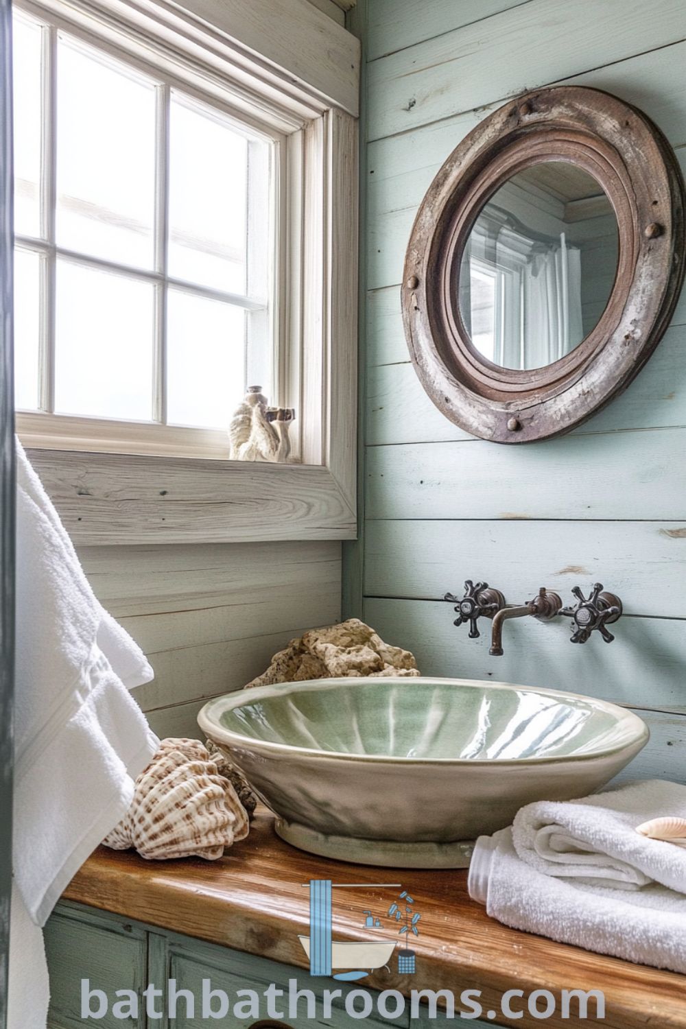Coastal bathroom featuring aquamarine waves on wooden walls, a vintage porthole mirror, rustic vanity with seashell motifs, and inviting sandy-hued towels for a serene home escape. Explore more cozy home ideas at bathbathrooms.com.