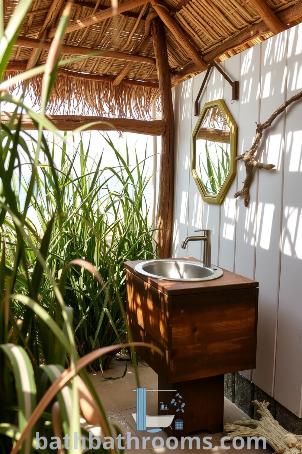 Outdoor bathroom surrounded by coastal grasses, featuring weathered wooden beams, a thatched roof, a rustic wooden sink, and decor elements like shells and driftwood, creating a serene atmosphere. Discover inspiring decor ideas for your home at bathbathrooms.com.