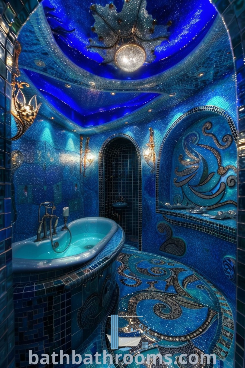 A fancy bathroom with blue tiles and an oval bathtub at the center, illuminated by soft lights. This sea-themed room aesthetic reflects mermaid core style, ideal for inspiring design ideas and decor inspirations for a cozy home. Explore more at bathbathrooms.com.