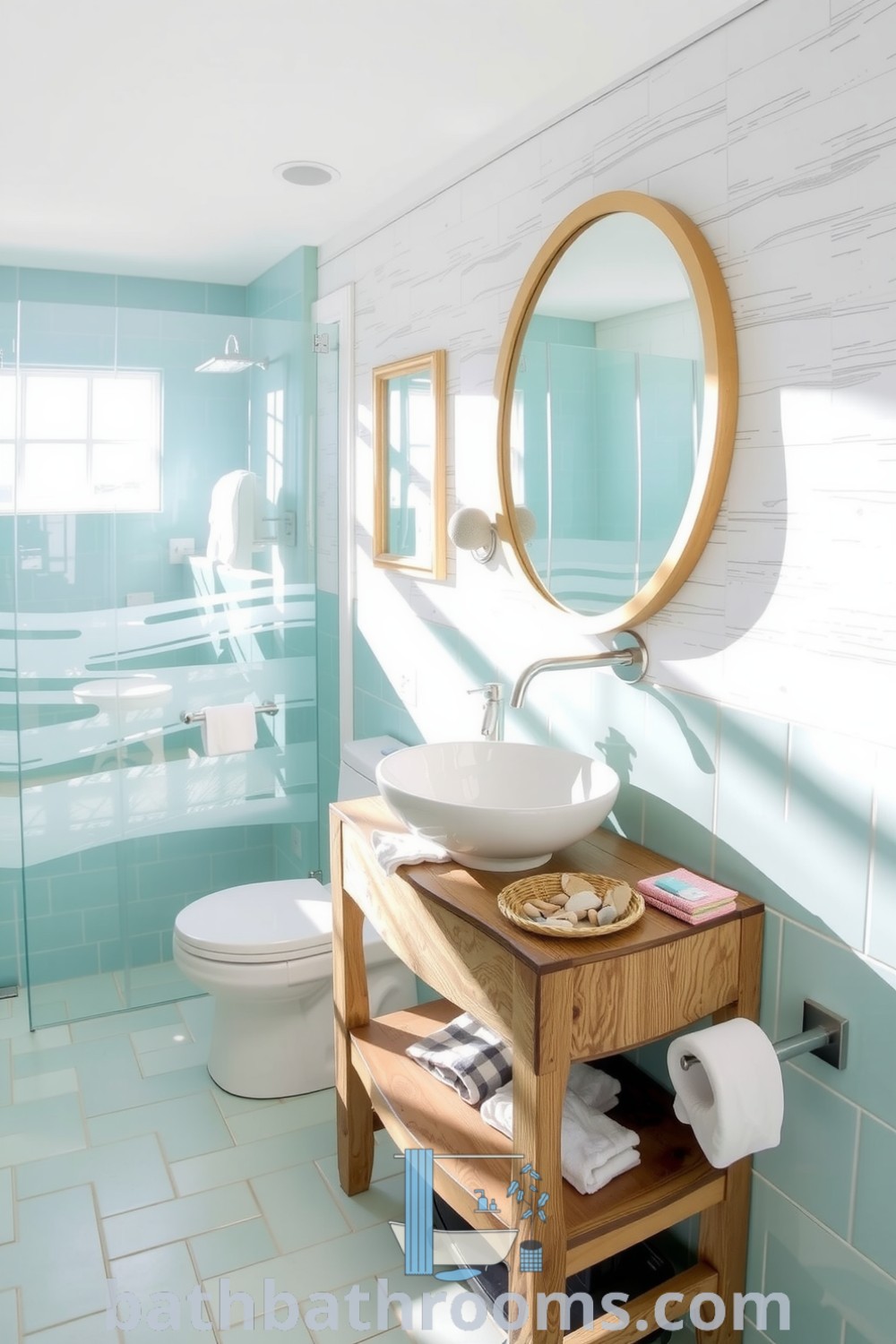 Coastal bathroom design featuring aquamarine tiles, a driftwood vanity with shells and sea glass, and soft sunlight streaming through a frosted glass window. Discover inspiring decor ideas for a cozy home at bathbathrooms.com.