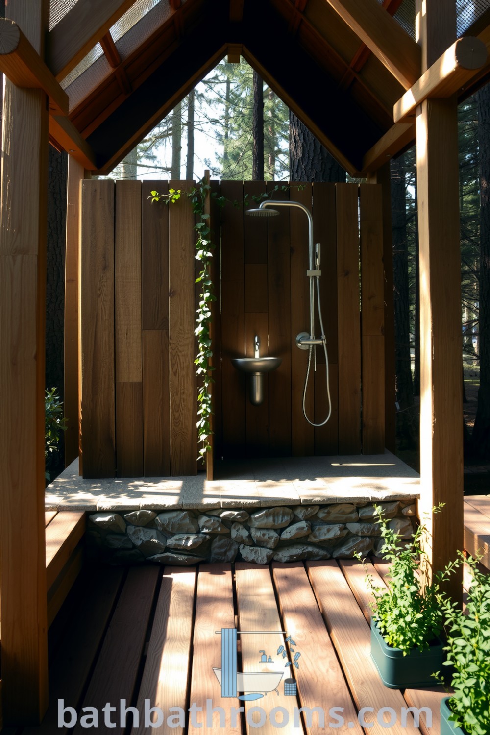 Cozy outdoor bathroom with wooden beams, stone base, brushed metal shower, and potted herbs, nestled among tall trees, creating a tranquil and inviting atmosphere. Discover unique ideas for your home at bathbathrooms.com.