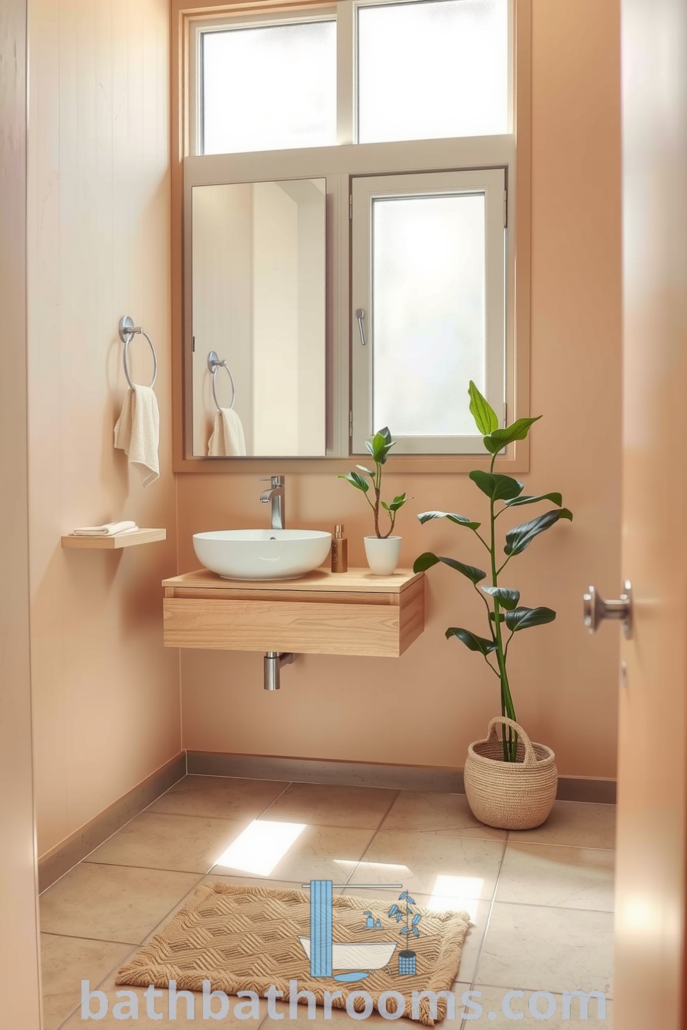 Cozy minimalist bathroom featuring warm beige walls, natural light from frosted glass windows, a wooden vanity with a white ceramic sink, potted green plants, and unpolished stone tiles. Explore unique ideas for creating a cozy aesthetic at bathbathrooms.com.
