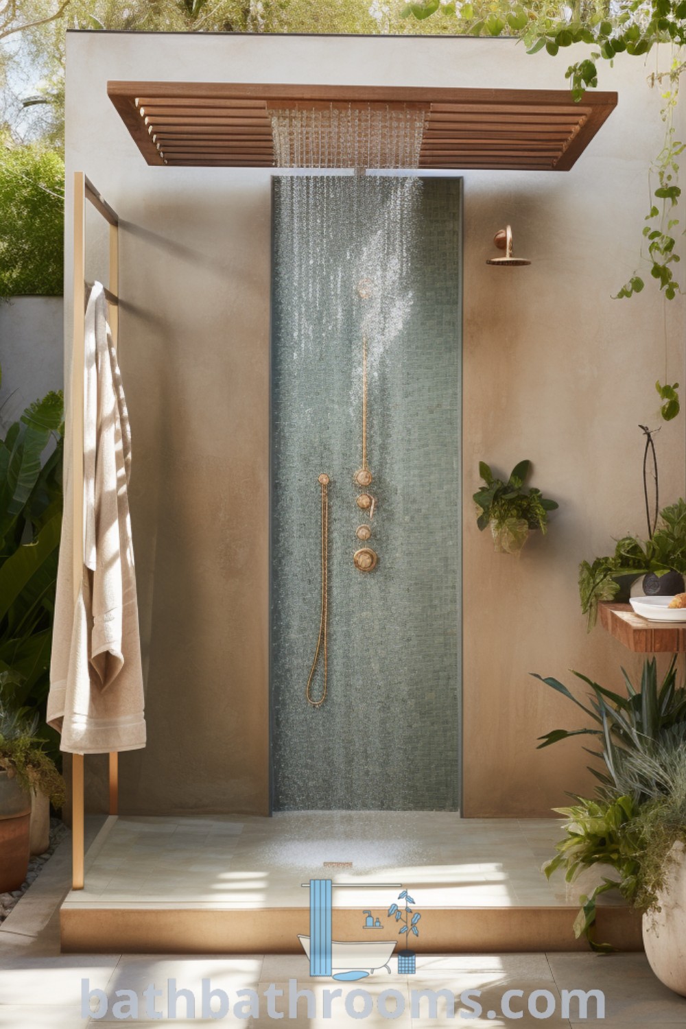 An outdoor shower is elegantly positioned in the center of a patio, surrounded by potted plants and greenery, embodying Bali style and outdoor bathroom design. This cozy setup inspires unique ideas for transforming your home, perfect for maximizing style and space. Discover more inspirations at bathbathrooms.com.